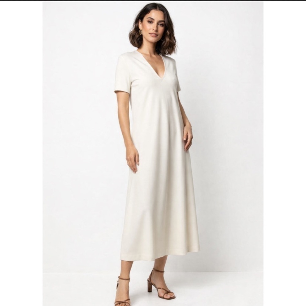 Harris Wharf London - V-neck Ivory Midi Dress - Picture 1 of 10